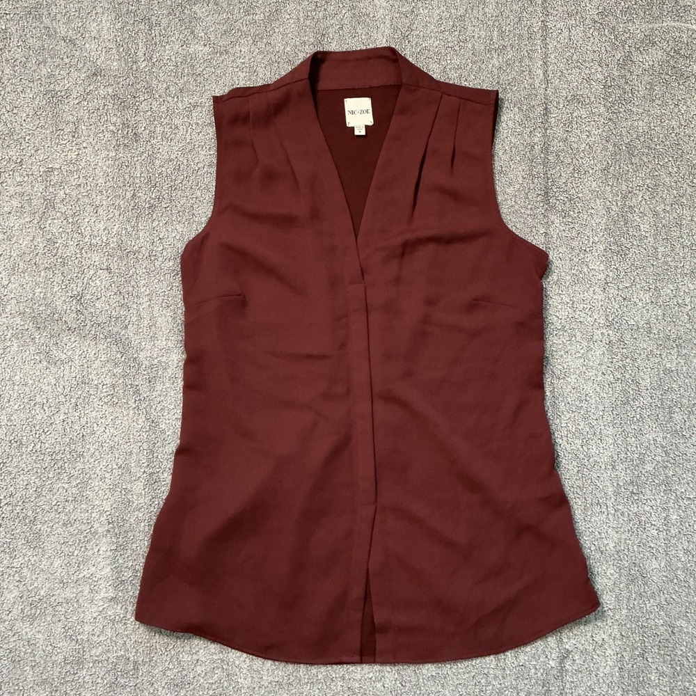 Nic+Zoe Womens Burgundy Sleeveless V-Neck Pleated Blouse Top Size S